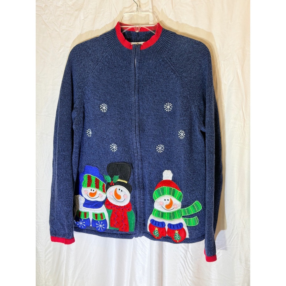 Tiara International Snowman Christmas Sweater Navy Blue Zip Cardigan Large